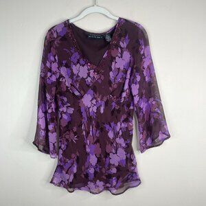 Y2K Vintage Silk Babydoll Top Womens Medium Purple Floral Flare Sleeve Ethereal
